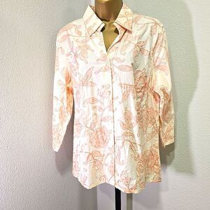 NWT Peach Embroidered Floral Cotton Button Shirt Womens M Pastel Cottage Grandma